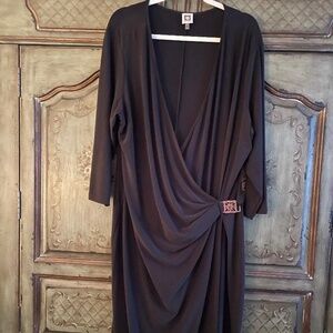 Anne Klein size 22W Vintage 3/4 Sleeve Black Knit blend Faux Wrap Dress